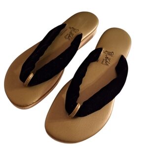 Vintage Kahili Hawaii Honolulu Black Velvet Flip Flops Gold Trim Ladies 7 Tropic